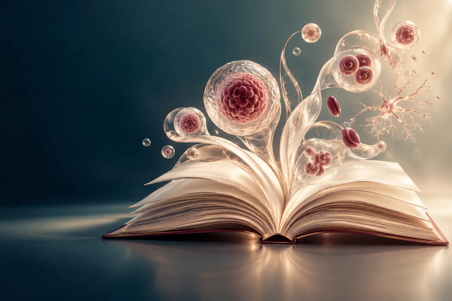 Open boek met zwevende cellen boven de pagina’s — illustratie